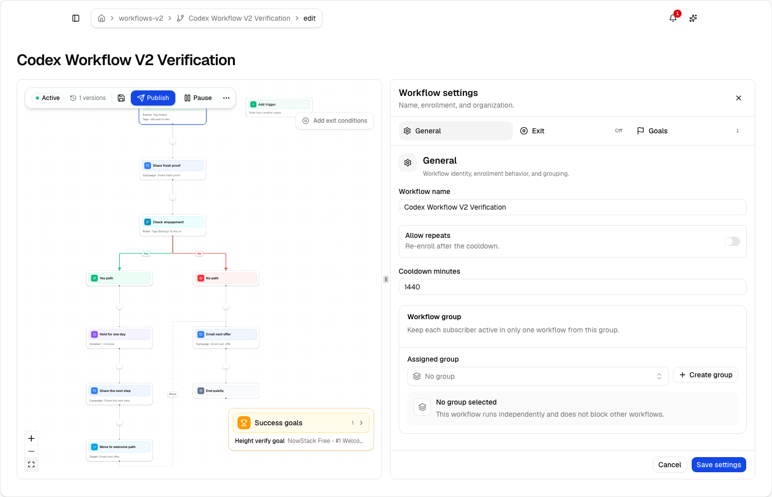 Lumail workflow editor with a tag trigger, conditional branch, email steps, waits, and a success goal